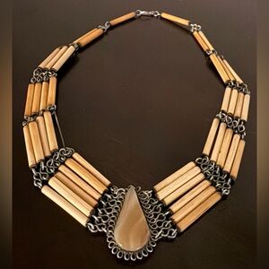 Vintage Peruvian Bamboo & Silver Tone Chain Choker | Agate Statement Necklace